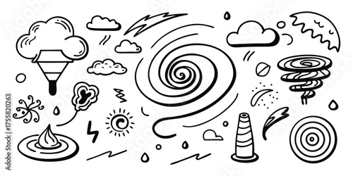 Doodle collection of weather phenomena including hurricanes tornadoes clouds sun and lightning strikes