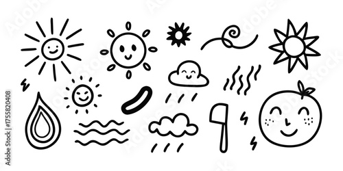 Cute hand drawn weather icons sun rain clouds wind lightning and waves elements