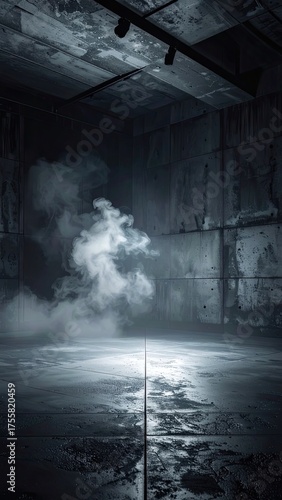 Dark, empty concrete room with smoke rising from a spotlight on a wet floor