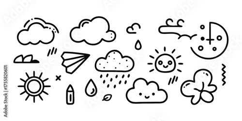 Cute doodle weather icons sun clouds rain moon airplane drawing elements collection