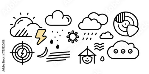 Diverse weather icons featuring sun clouds lightning rain moon and radar