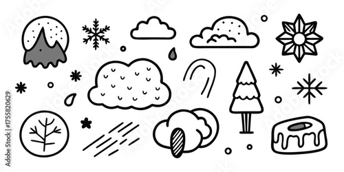 Hand drawn winter weather icons snowflakes clouds trees mountains and frosty decorations