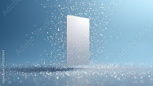 Minimalist silver credit card with sparkles on blue background