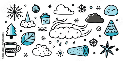Winter weather elements collection snowflakes trees clouds hot beverage and leaf drawings