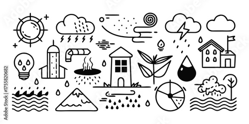 Collection of hand-drawn weather icons representing meteorological phenomena and natural elements in a simple style