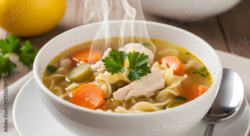 Hot Chicken Noodle Soup with Vegetables and Fresh Parsley Garnish