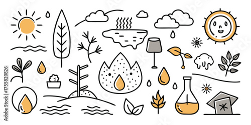 Doodle collection weather elements nature plants fire sun clouds rain flask trees