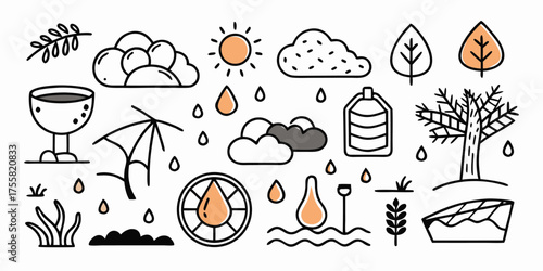 Whimsical weather doodles umbrella sun rain clouds tree leaf cup and boat graphics