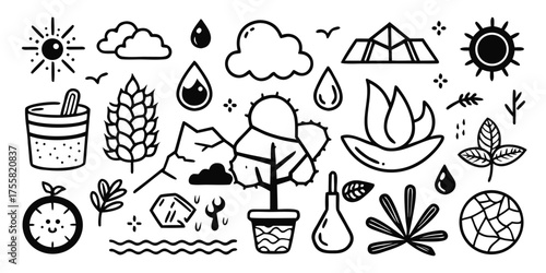 Nature elements doodle art collection featuring sun clouds mountains plants and water droplets