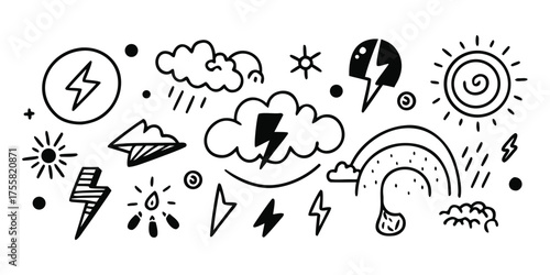 Doodle weather icons featuring sun clouds lightning rainbow and rain drops for nature designs