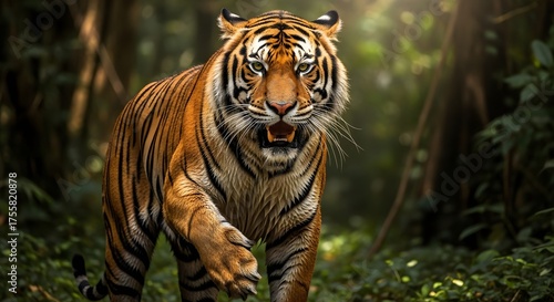 Majestic Bengal Tiger Walking Through Dense Forest