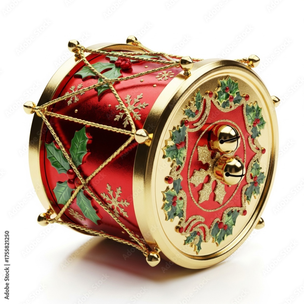 Naklejka premium Festive Red and Gold Christmas Drum Ornament Decoration on White Background