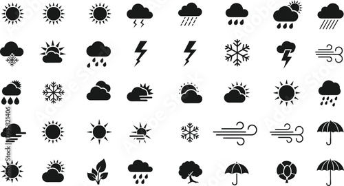 Collection of weather icons including sun clouds rain snow lightning wind and umbrellas isolated on transparent background