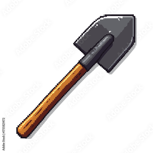 A pixel art illustration of a small shovel with a wooden handle and a dark metal blade, isolated on a white background.