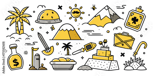 Adventure travel icons including palm trees mountains treasure map and first aid kit
