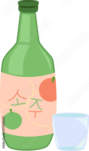 Soju Bottle and Glass Illustration — Traditional Korean Drink Vector