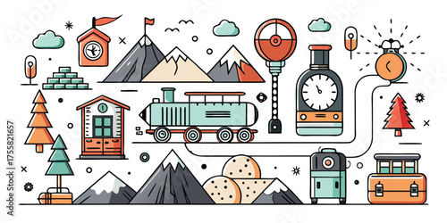 Whimsical travel adventure scene with train mountains hot air balloon and village icons