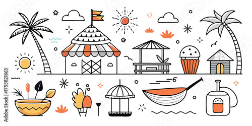 Whimsical summer festival scene with palm trees food stalls and tropical elements