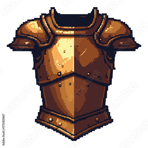 A pixel art illustration of a golden breastplate with intricate detailing and a weathered appearance.