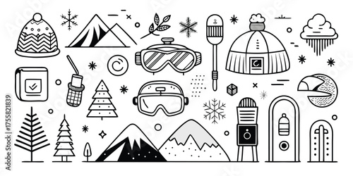 Winter adventure icons set featuring mountains snow goggles tent and winter clothing styles