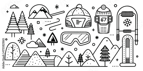 Winter mountain adventure gear and snowflakes collection line art doodle style