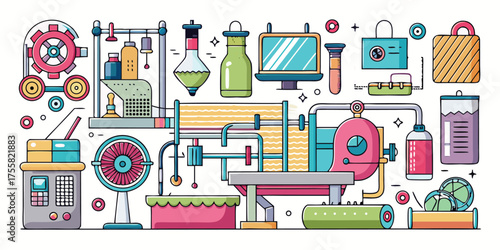 Vibrant retro collage of everyday objects and gadgets abstracted art