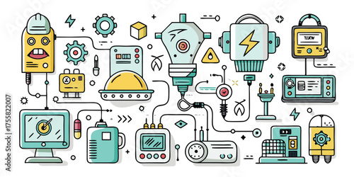 Whimsical doodle depicting a complex scientific experiment and technology network