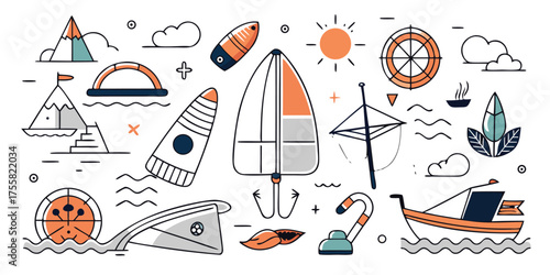 Adventure travel icons sailboats mountains rockets sun compass boat and waves