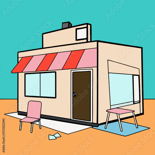 Minimalist Depiction of an Abandoned Shop Front with Outdoor Seating