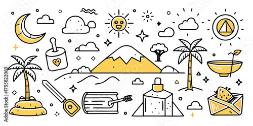 Hand drawn travel adventure icons moon sun mountains palm trees tropical island exploration elements