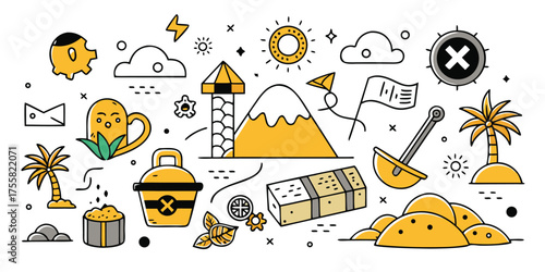 Whimsical doodle collage of travel adventure icons including mountains and palms