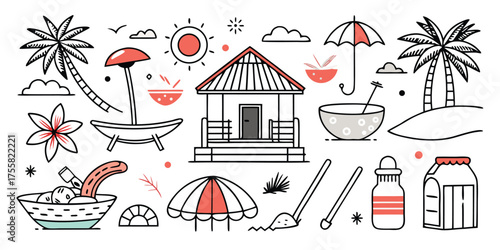 Tropical paradise elements palm trees bungalow umbrella beach vacation icons