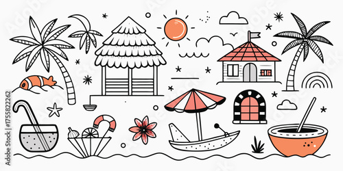 Tropical beach resort scene with palm trees huts boat and tropical drinks hand drawn style