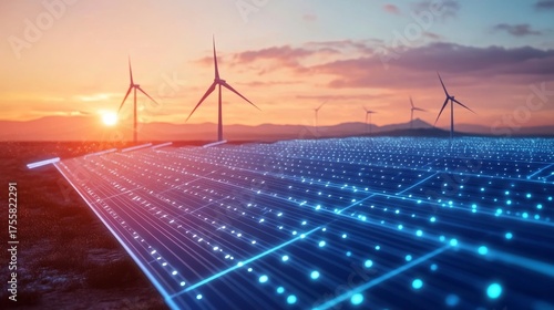 Holographic clean energy concept featuring futuristic solar panels and wind turbines glowing with digital interfaces ultra-realistic bright background with extra space
