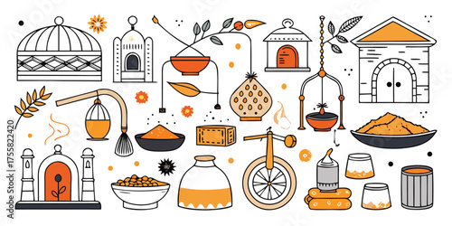 Whimsical decorative objects collection birdcages lanterns and bowls hand-drawn style art