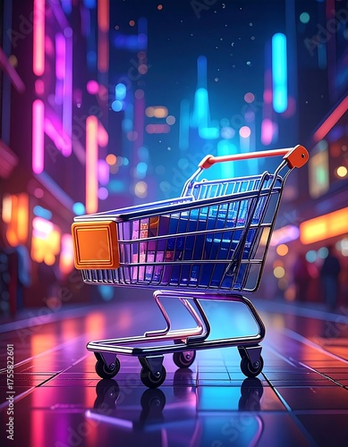 Shiny shopping cart glides through a neon-lit city street. Lights glow in the background