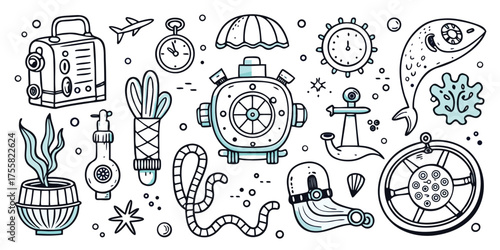 Nautical adventure sketch collection compass anchor lifebuoy fish nautical equipment and marine life