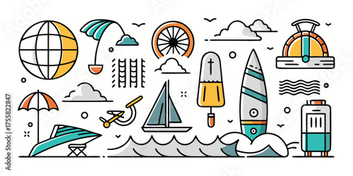 Colorful travel and adventure icons collection globe skydiver ferris wheel boat surfboard airplane and more