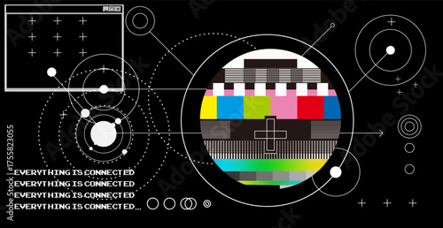 Modern vector illustration styled in a minimalist tech design, themed around connectivity. Features a central TV test pattern in vibrant colors (yellow, blue, red, green), white geometric circles.