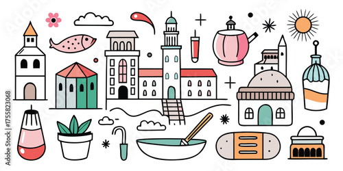 Whimsical collection of travel and adventure icons and elements hand-drawn style