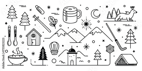 Cozy winter adventure icons featuring mountains camping and warm drinks for outdoor exploration