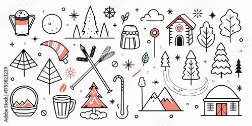 Whimsical hand drawn camping and adventure icons featuring trees mountains and cabins