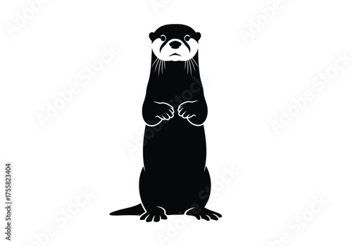 Black silhouette of an otter standing upright on its hind legs, looking alert and curious