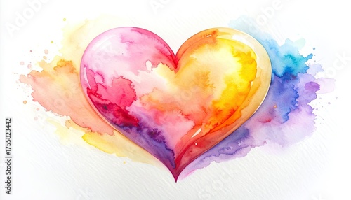 A vibrant watercolor heart with rainbow color splashes on a white background