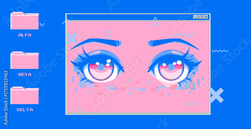 Vector illustration blends vaporwave and anime styles, showing expressive manga eyes in a digital window. The theme is retro-futuristic, using blue and pink hues, geometric shapes, and folder icons.