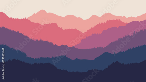 Layered mountain ranges with pink and purple hues creating a serene and calming landscape view image