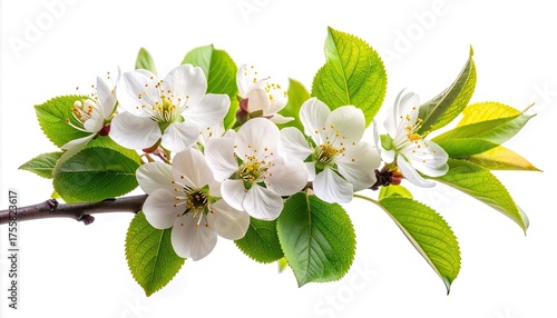A branch with white spring blossoms and green leaves on a white background