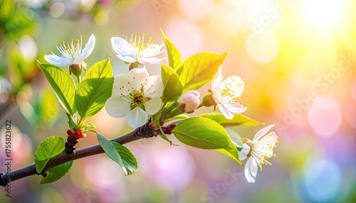 White blossoms on a sunlit branch with green leaves and vibrant bokeh background