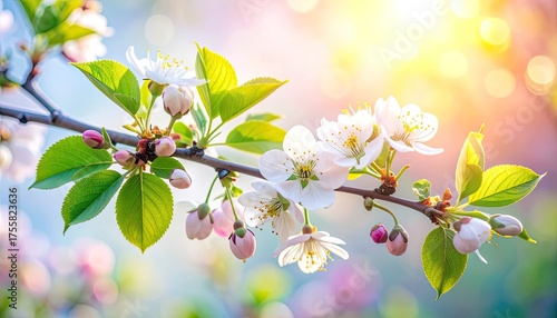 Sun-kissed spring blossoms on a branch with a soft, colorful bokeh background