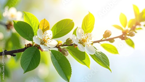 A sun-drenched branch with delicate white blossoms and vibrant green leaves